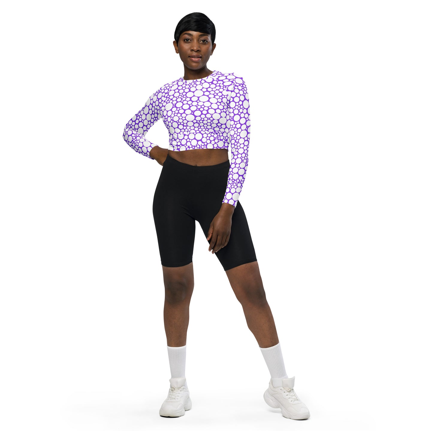 Women's Long-Sleeve Crop Top - White Dots on Purple