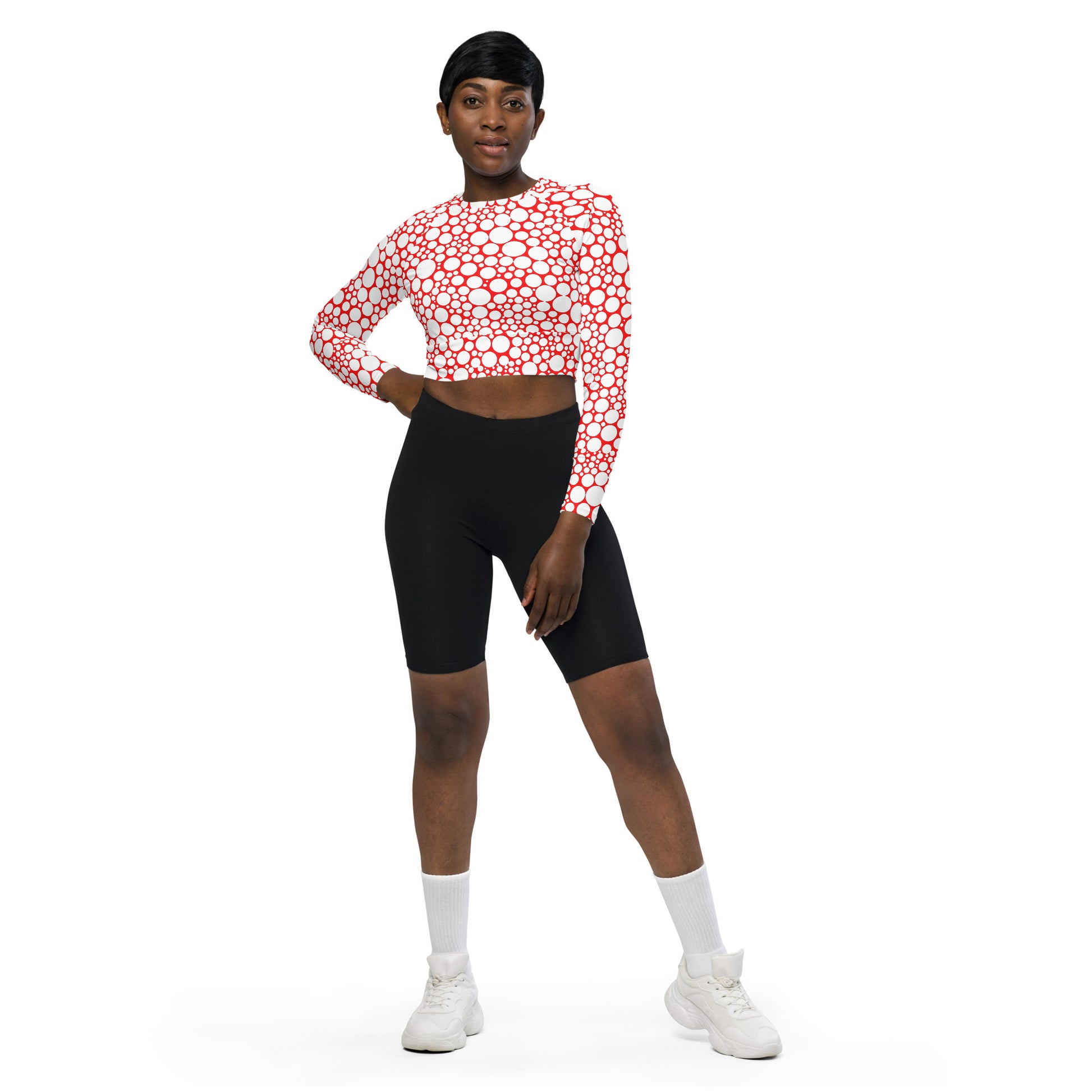 Women's Long-Sleeve Crop Top - White Dots on Red