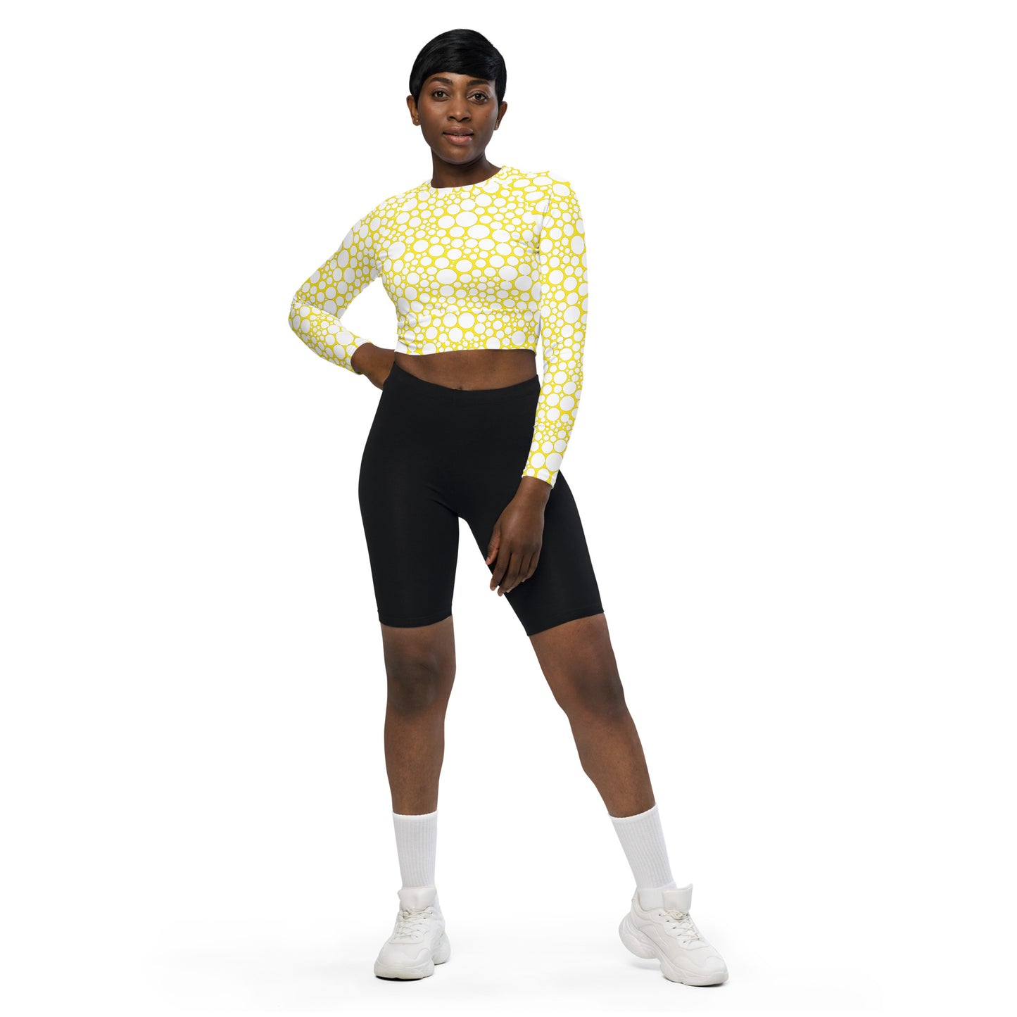 Women's Long-Sleeve Crop Top - White Dots on Yellow