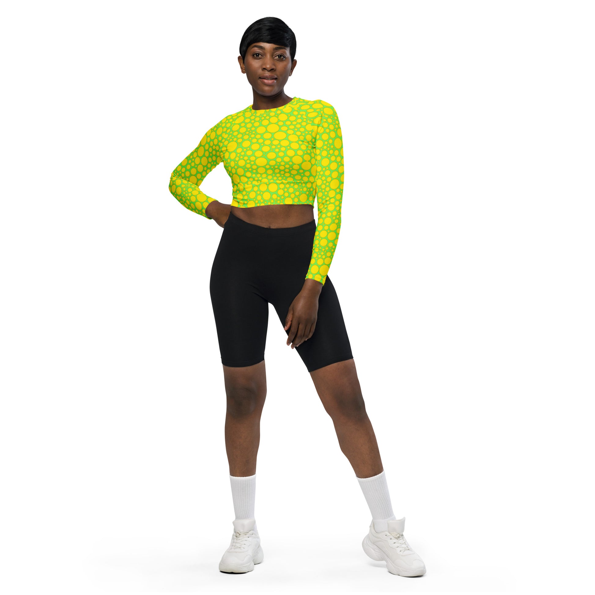 Women's Long-Sleeve Crop Top - Yellow Dots on Green