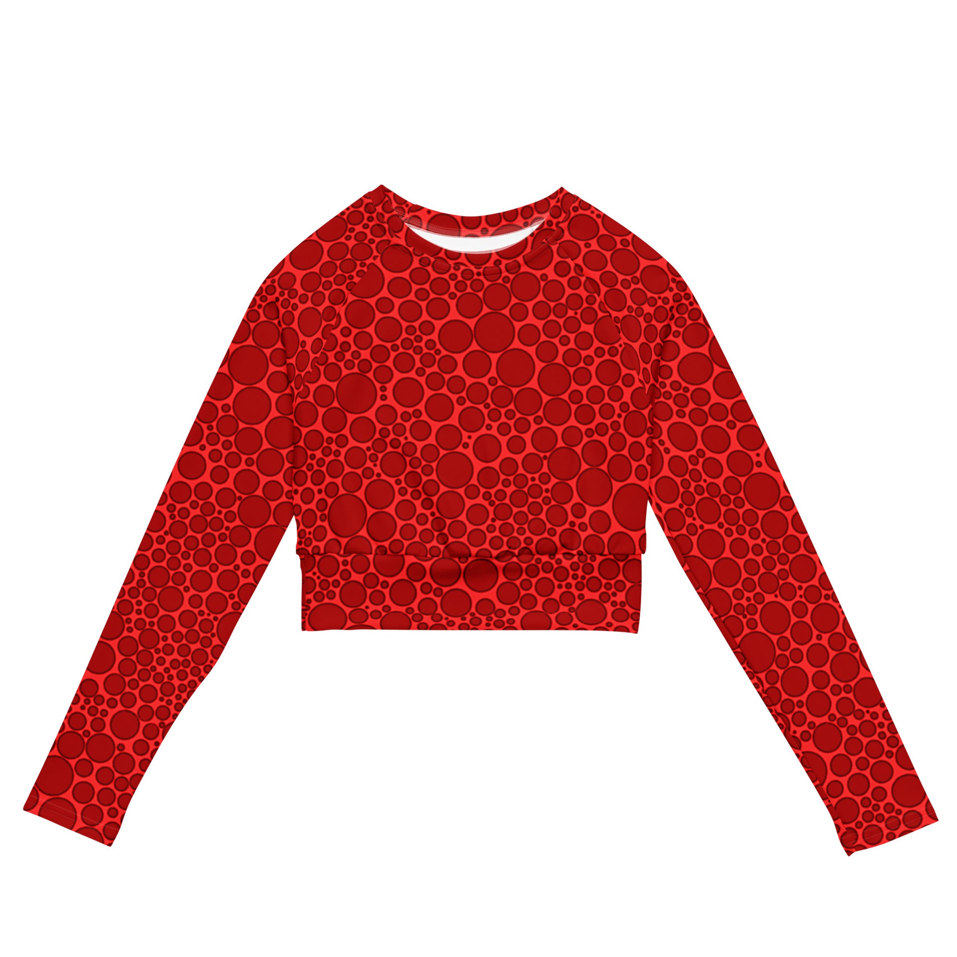 Women's Long-Sleeve Crop Top - Dark Red Dots on Bright Red