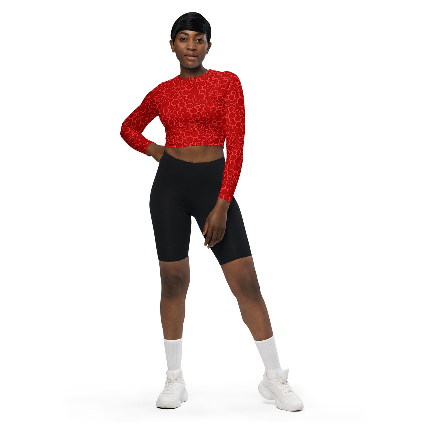 Women's Long-Sleeve Crop Top - Dark Red Dots on Bright Red