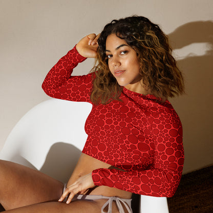 Women's Long-Sleeve Crop Top - Dark Red Dots on Bright Red