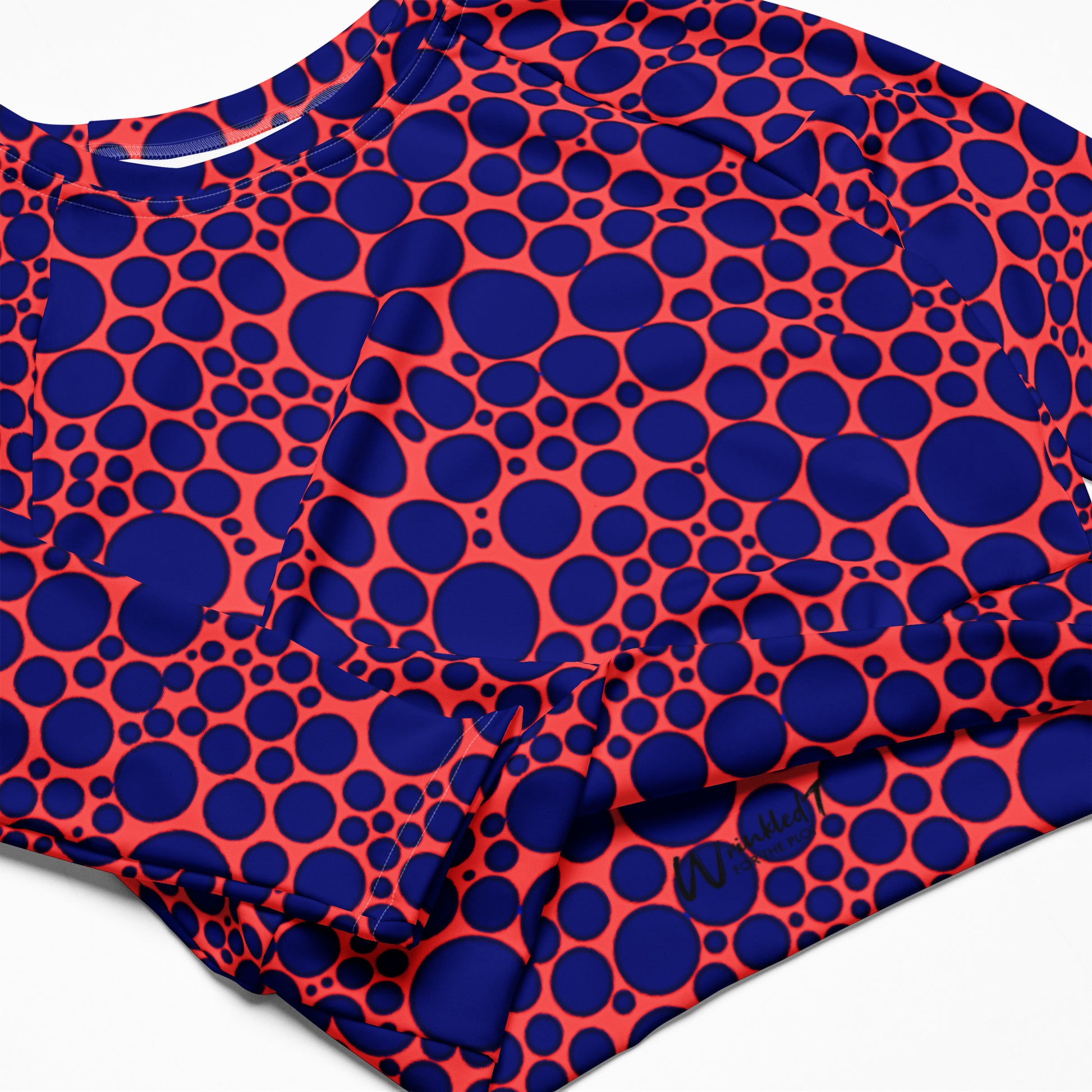 Women's Long-Sleeve Crop Top - Navy Blue Dots on Orange