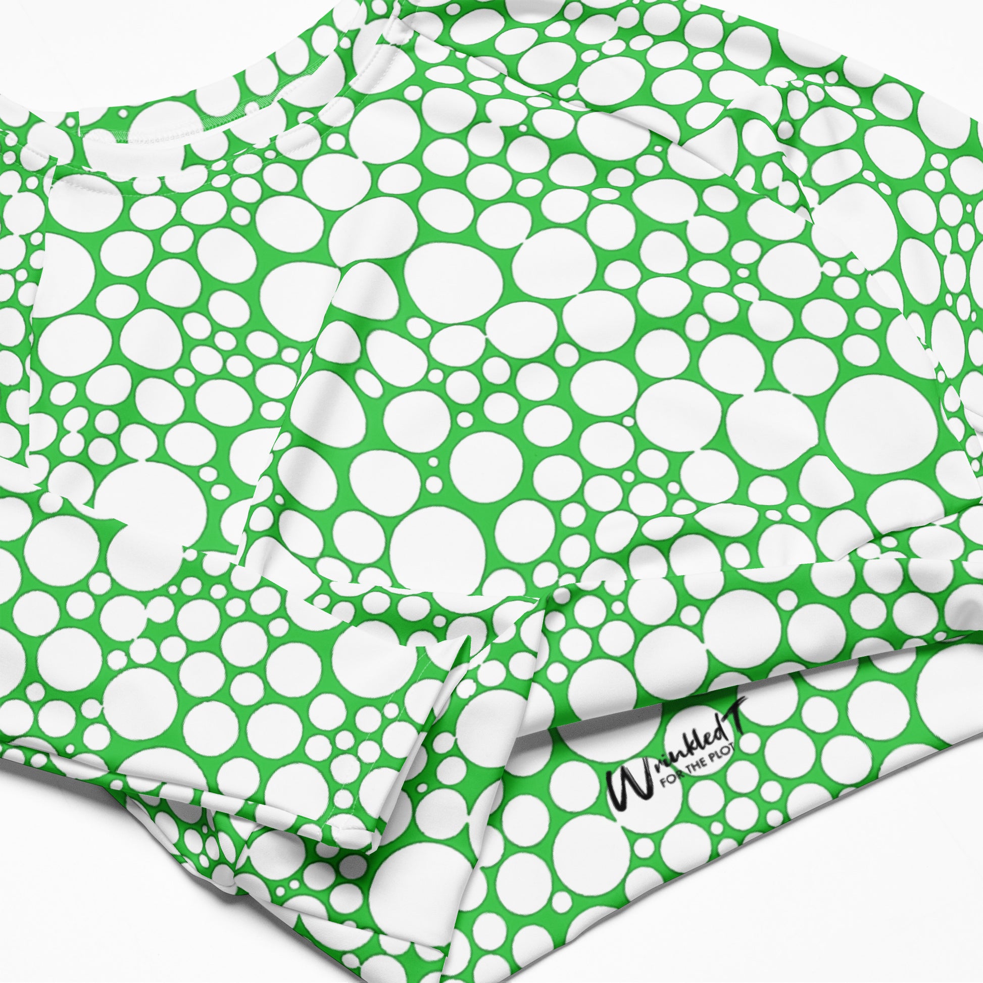 Women's Long-Sleeve Crop Top - White Dots on Forest Green