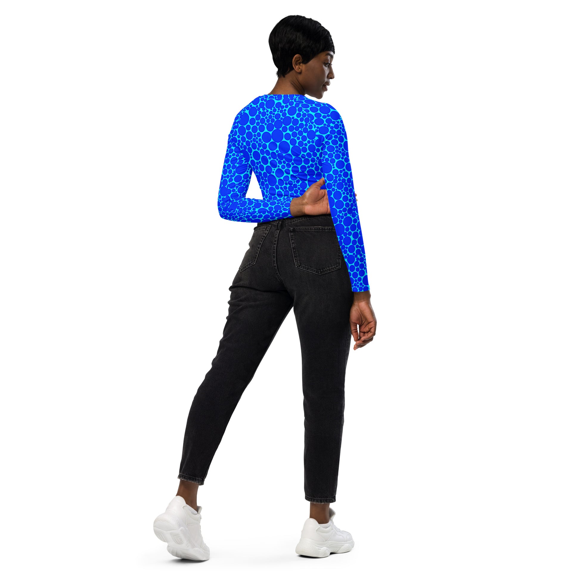 Women's Long-Sleeve Crop Top - Blue Dots on Electric Blue