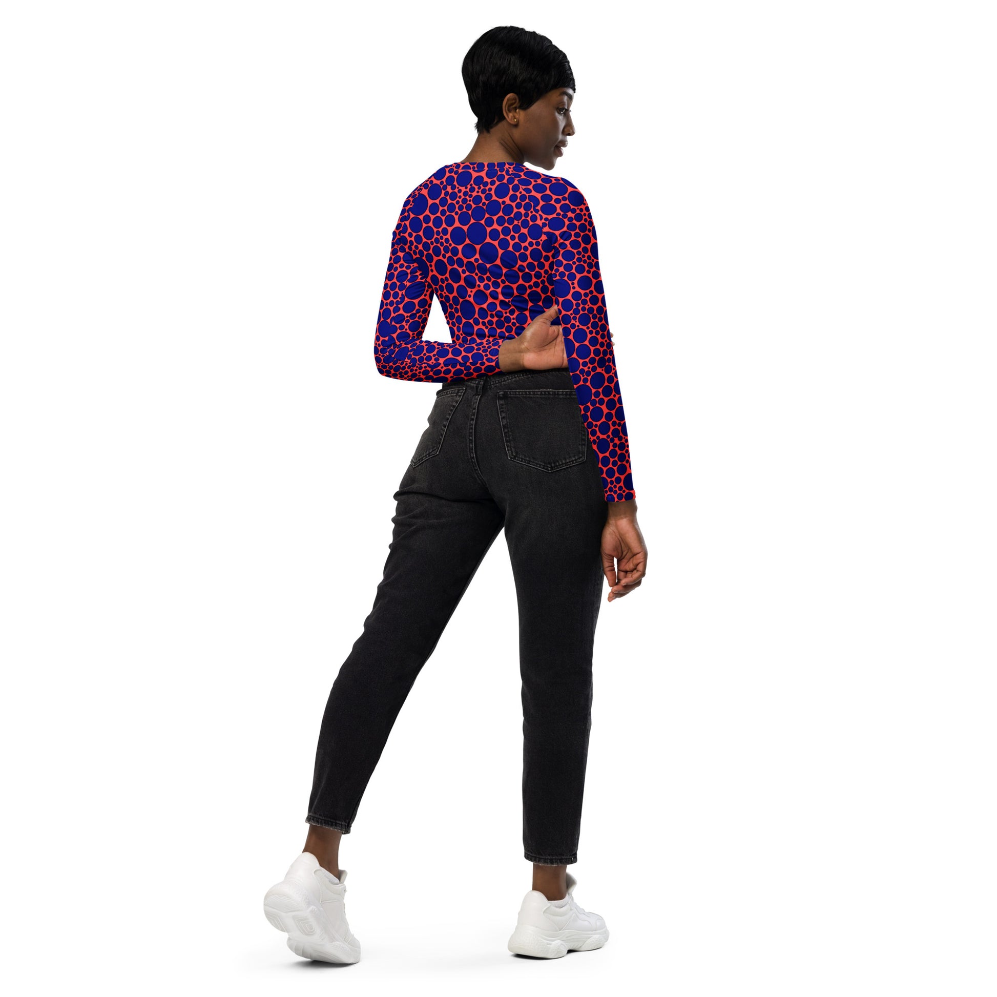 Women's Long-Sleeve Crop Top - Navy Blue Dots on Orange