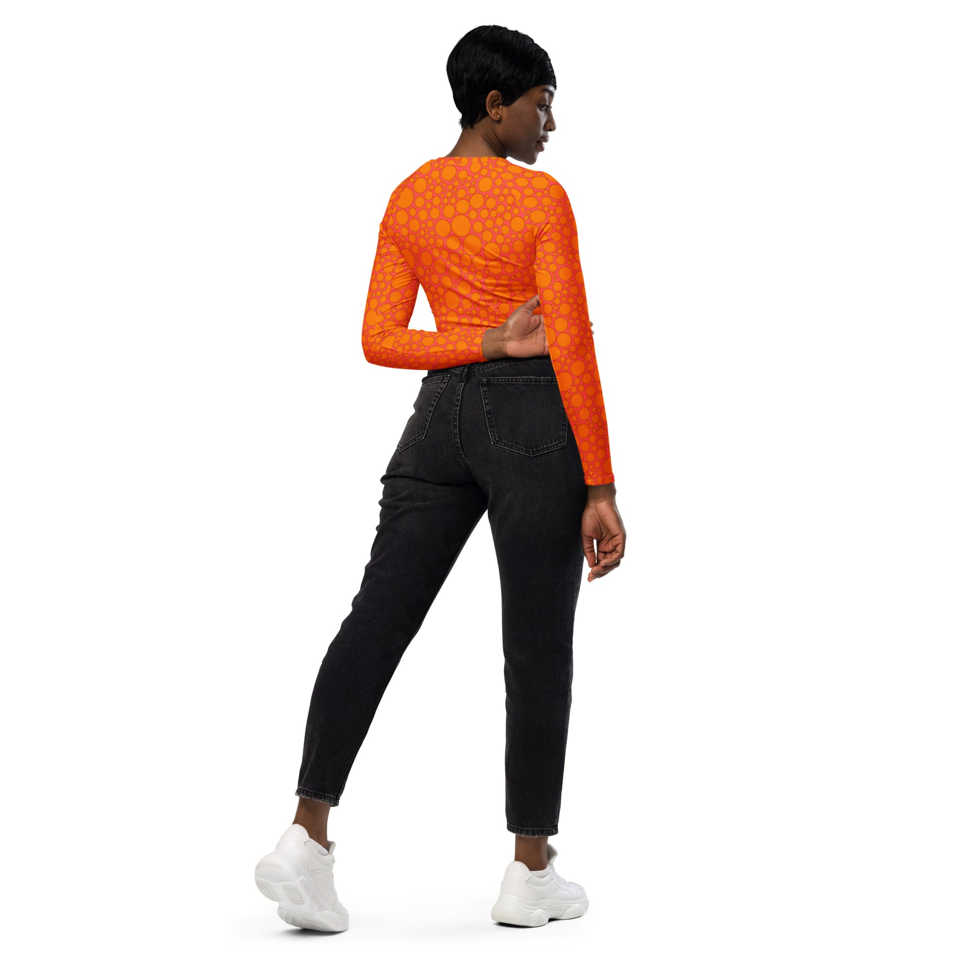 Women's Long-Sleeve Crop Top - Orange Dots on Pink