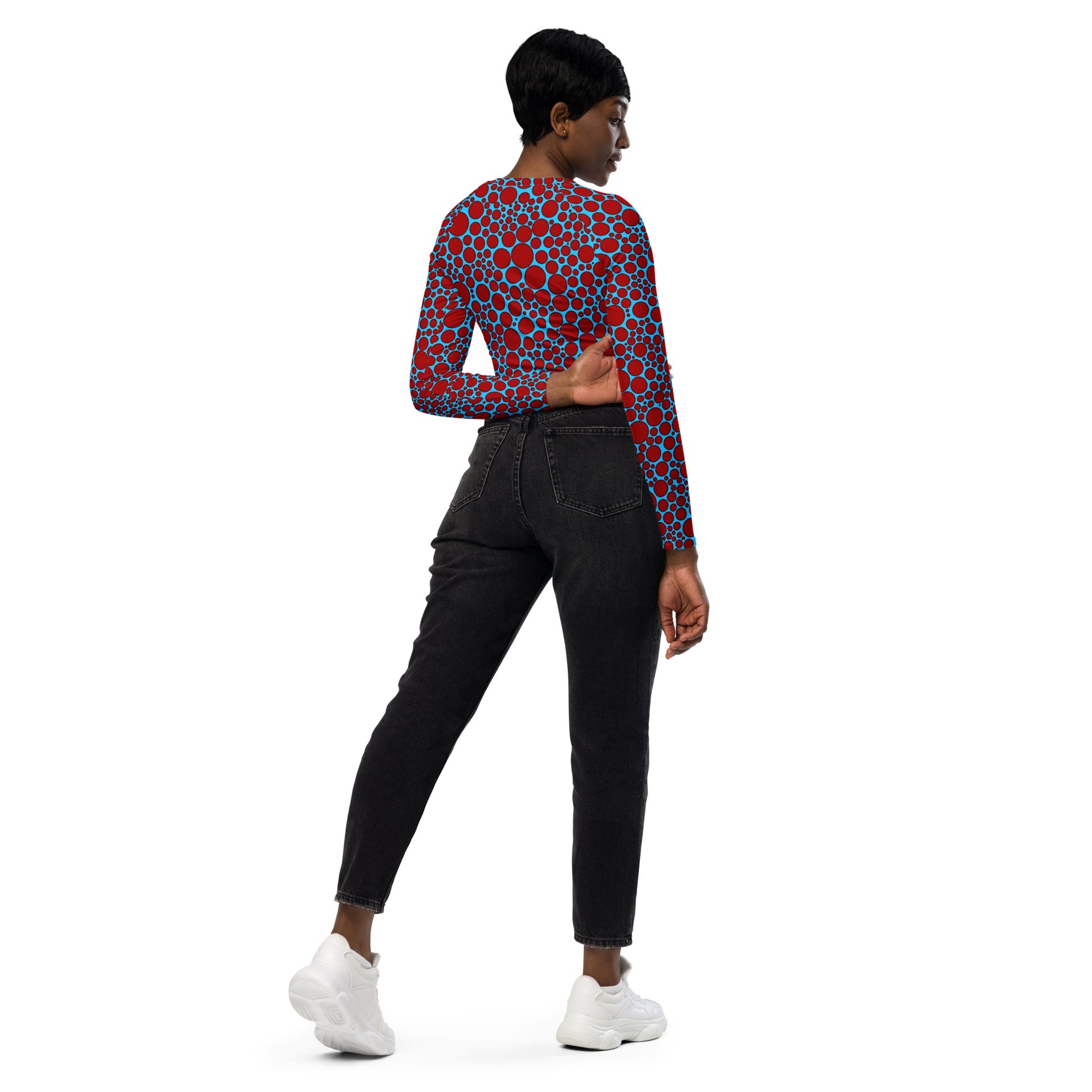 Women's Long-Sleeve Crop Top - Red Dots on Blue