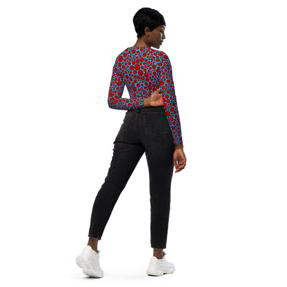 Women's Long-Sleeve Crop Top - Red Dots on Blue