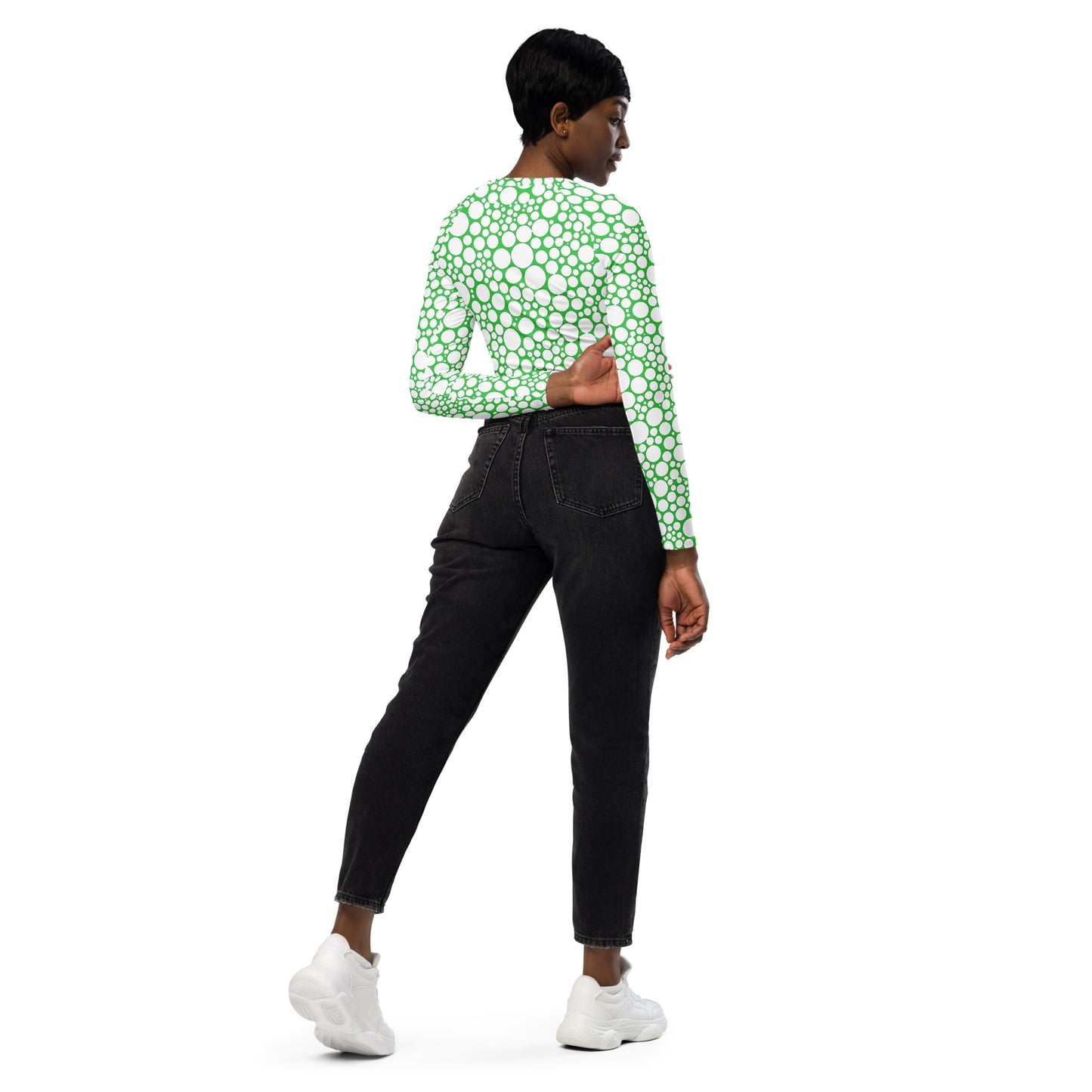 Women's Long-Sleeve Crop Top - White Dots on Forest Green