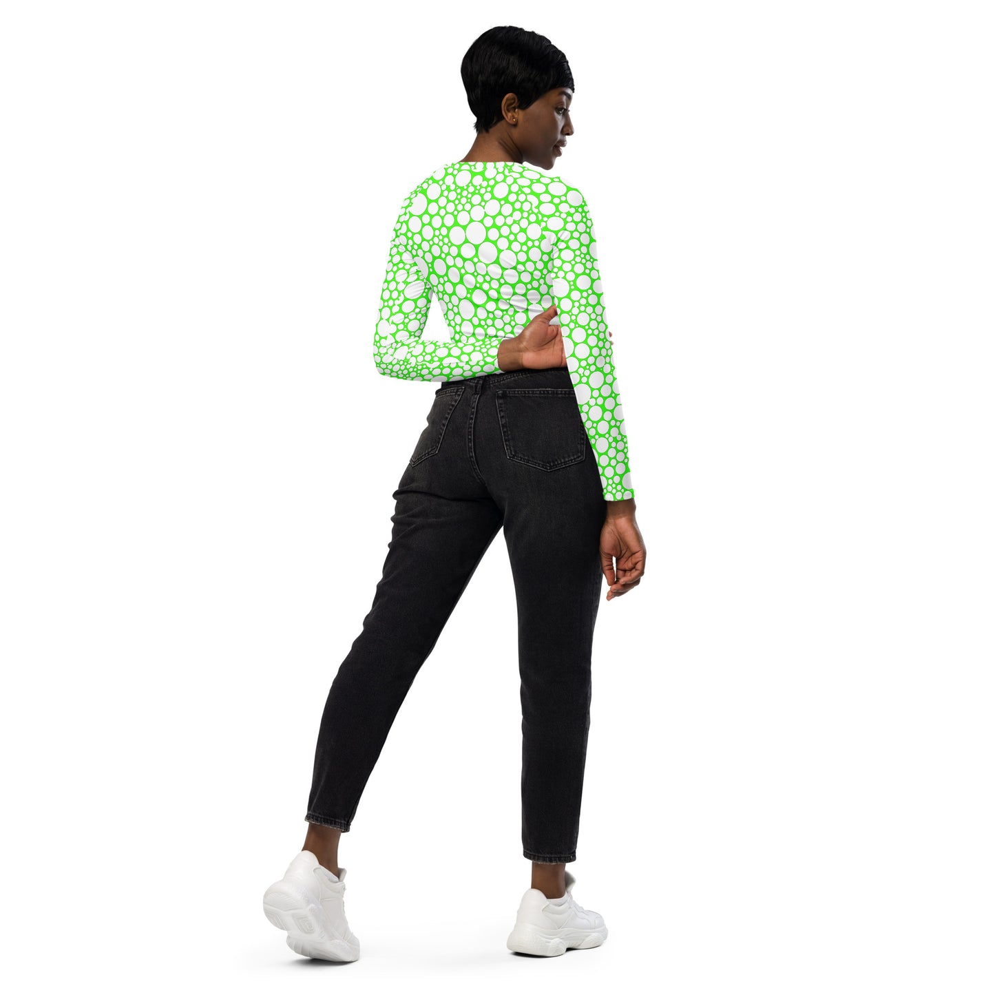 Women's Long-Sleeve Crop Top - White Dots on Neon Green