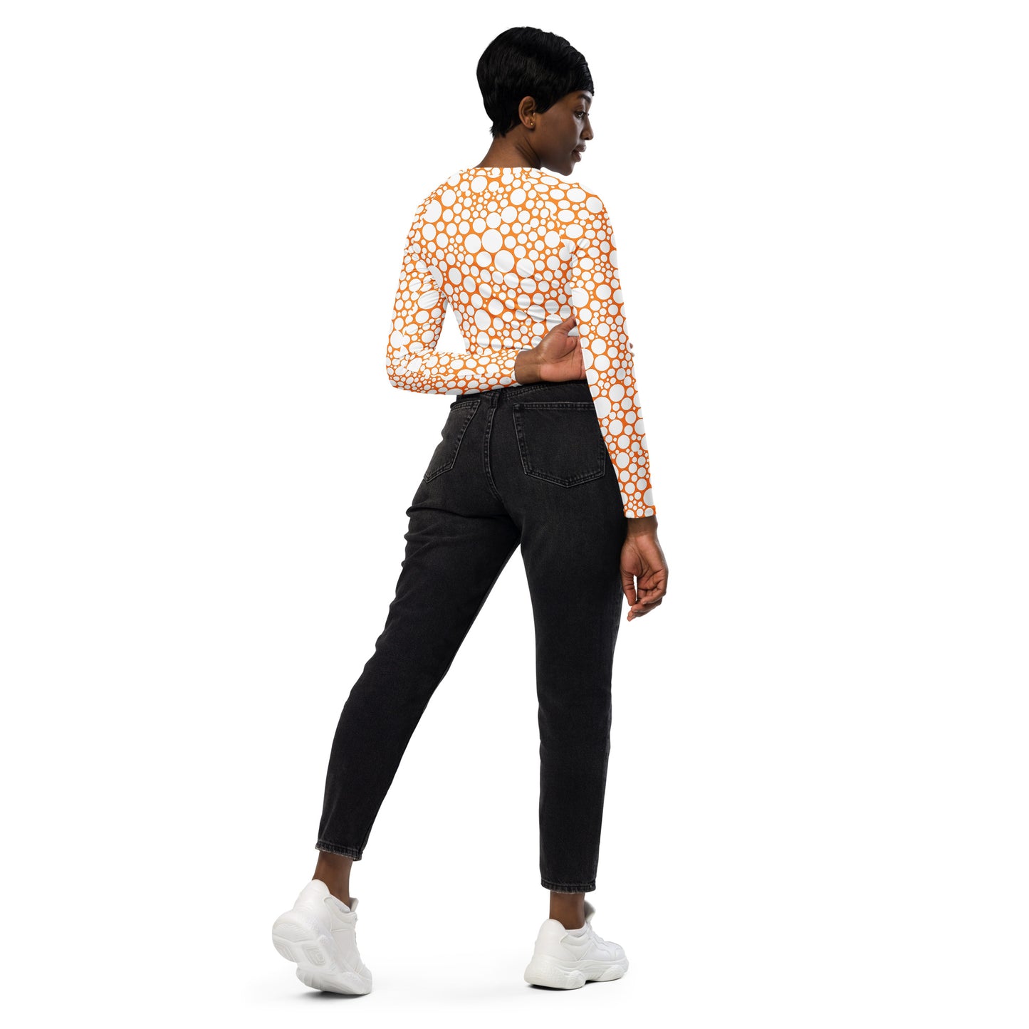 Women's Long-Sleeve Crop Top - White Dots on Orange