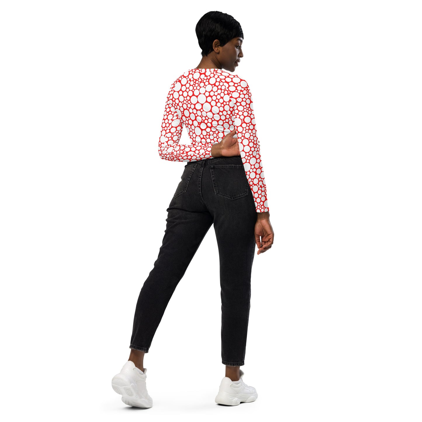 Women's Long-Sleeve Crop Top - White Dots on Red