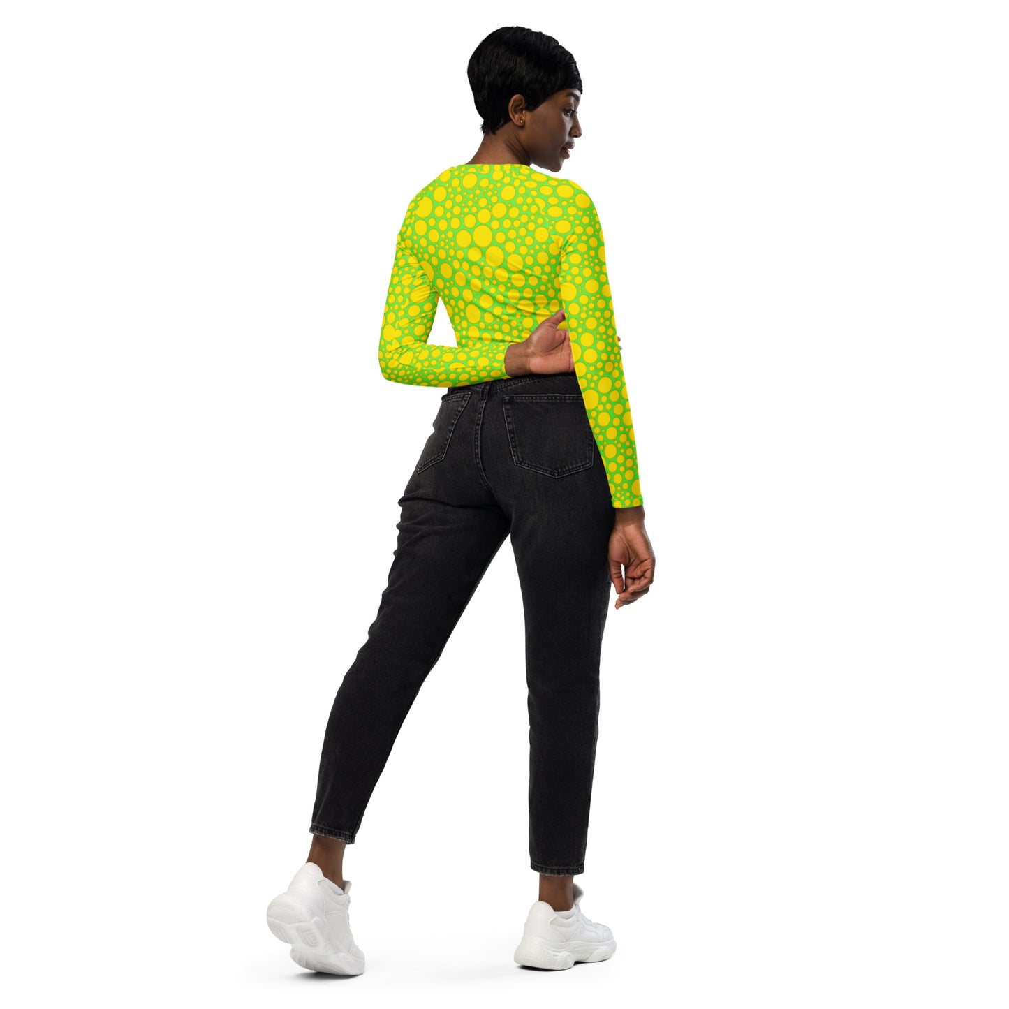 Women's Long-Sleeve Crop Top - Yellow Dots on Green