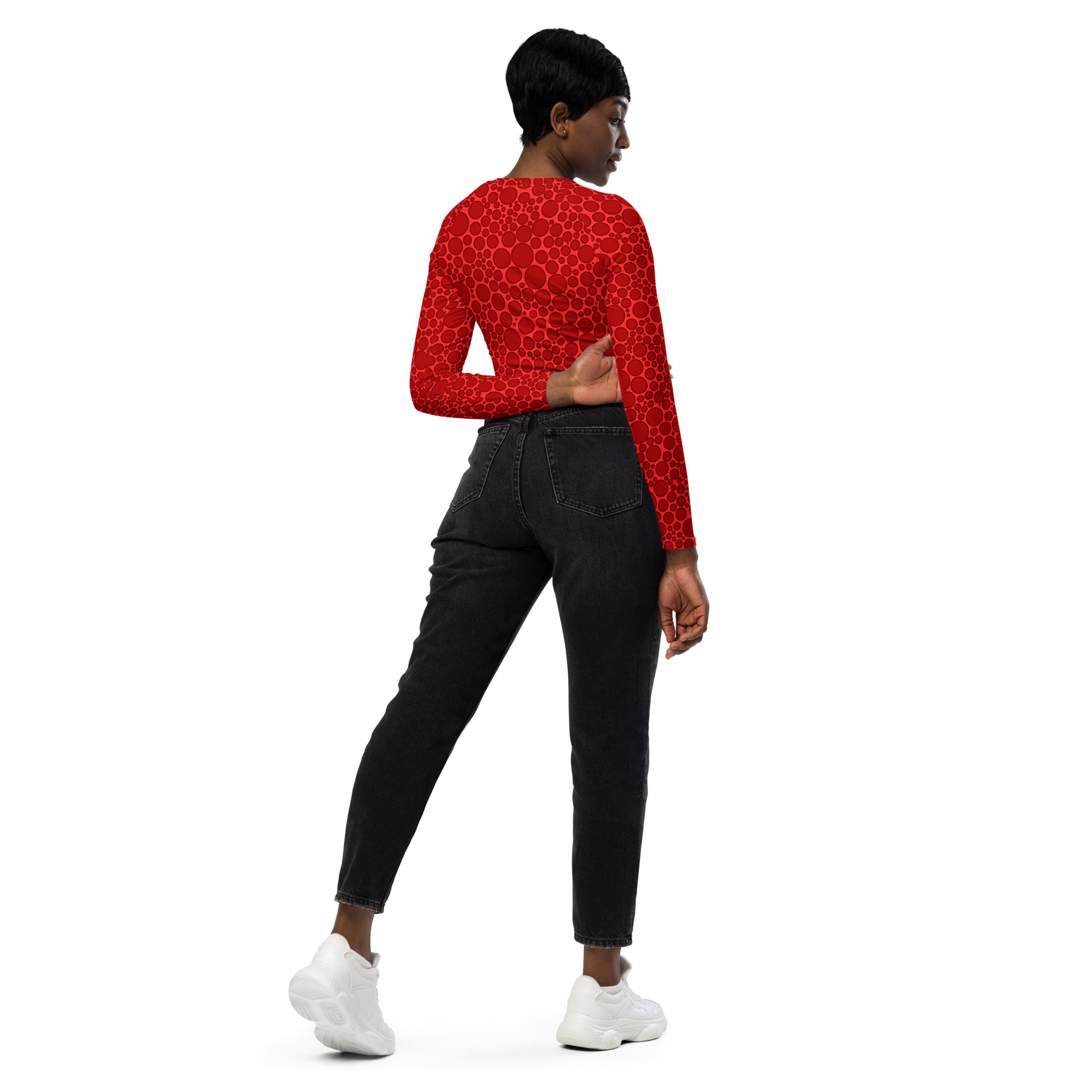 Women's Long-Sleeve Crop Top - Dark Red Dots on Bright Red