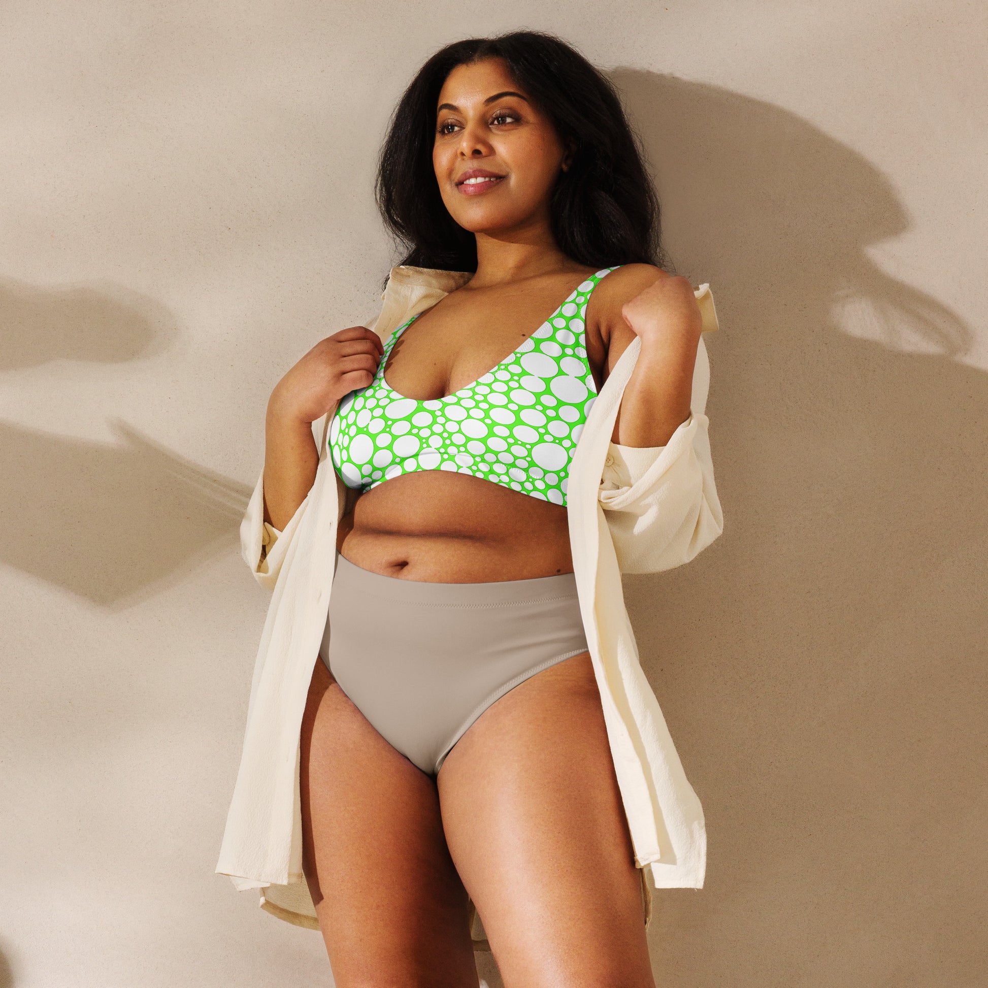 Recycled padded bikini top - White Dots on Neon Green