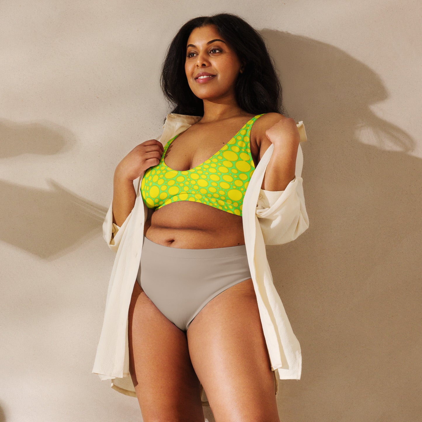 Recycled padded bikini top - Yellow Dots on Green