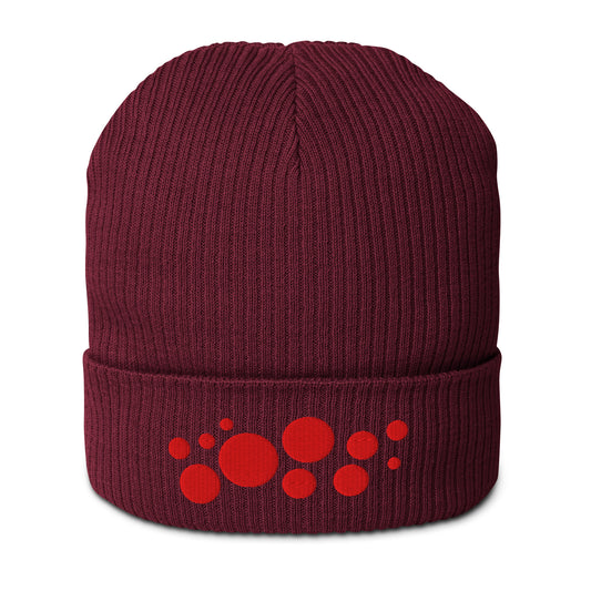 Organic Cotton Ribbed Beanie - Red on Burgundy Polka Dots