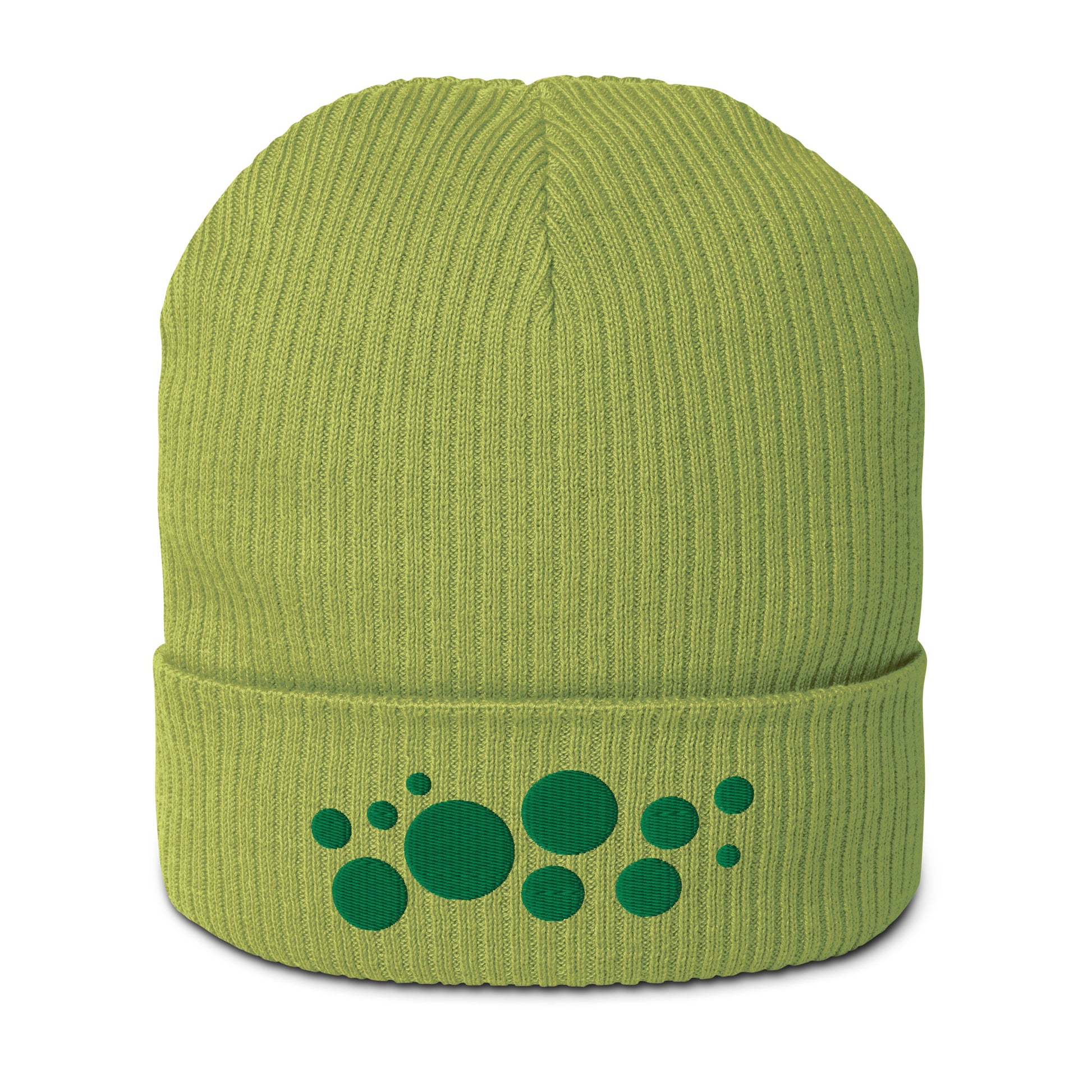 Organic Cotton Ribbed Beanie - Emerald Green on Chartreuse Polka Dots