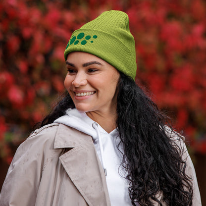 Organic Cotton Ribbed Beanie - Emerald Green on Chartreuse Polka Dots