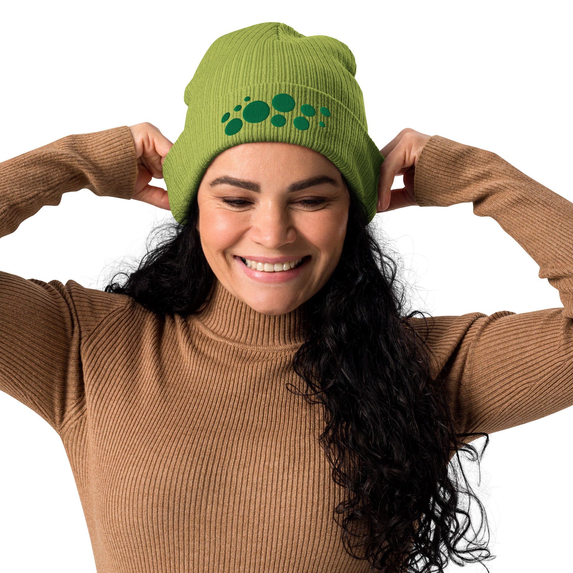 Organic Cotton Ribbed Beanie - Emerald Green on Chartreuse Polka Dots