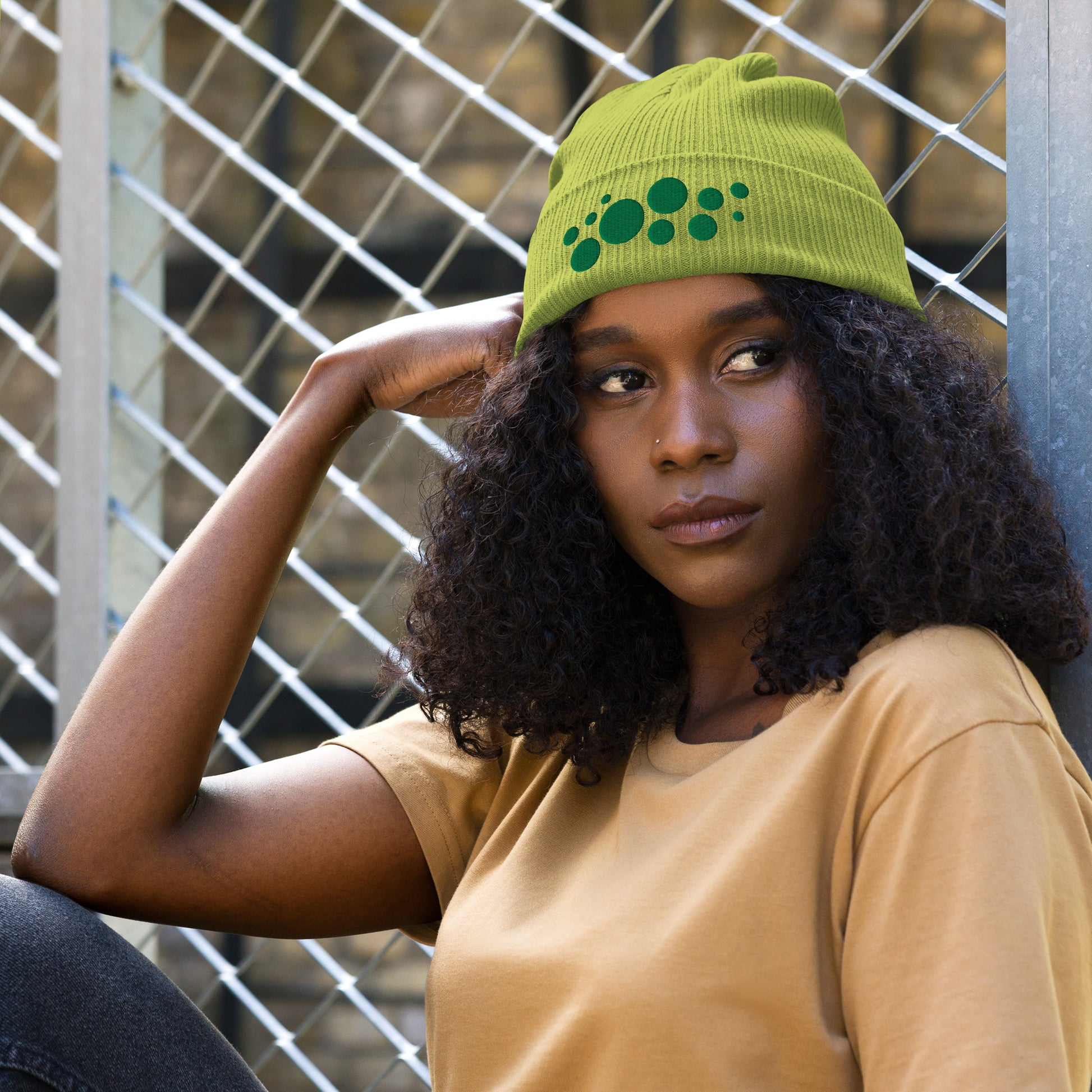 Organic Cotton Ribbed Beanie - Emerald Green on Chartreuse Polka Dots