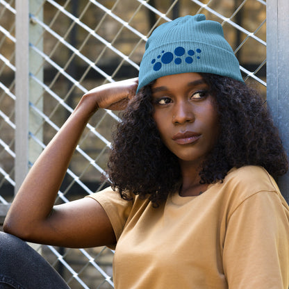 Organic Cotton Ribbed Beanie - Royal Blue on Light Blue Polka Dots