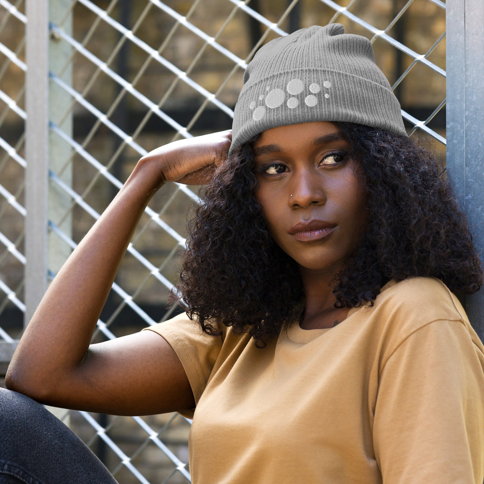 Organic Cotton Ribbed Beanie - Silver on Gray Polka Dots