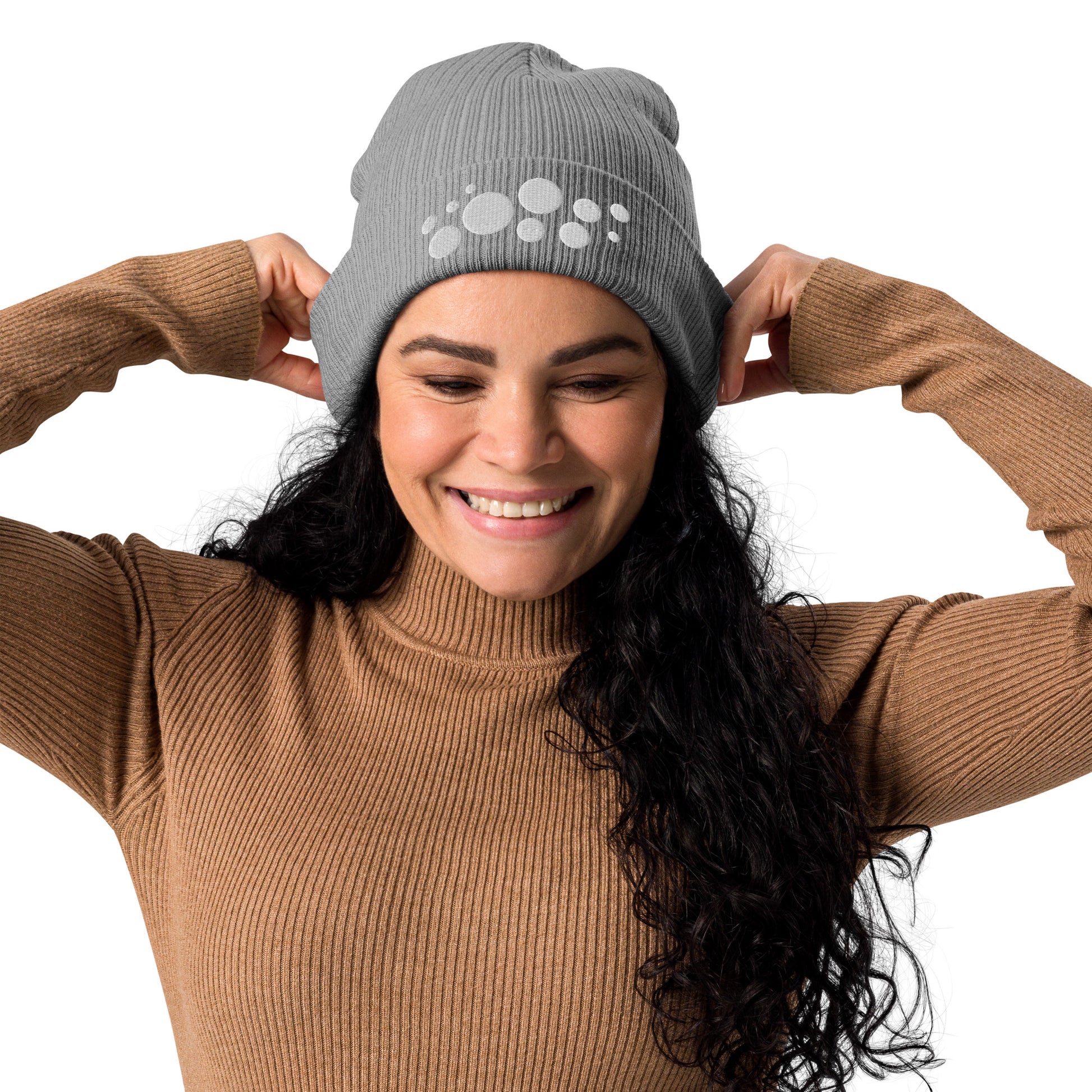 Organic Cotton Ribbed Beanie - Silver on Gray Polka Dots