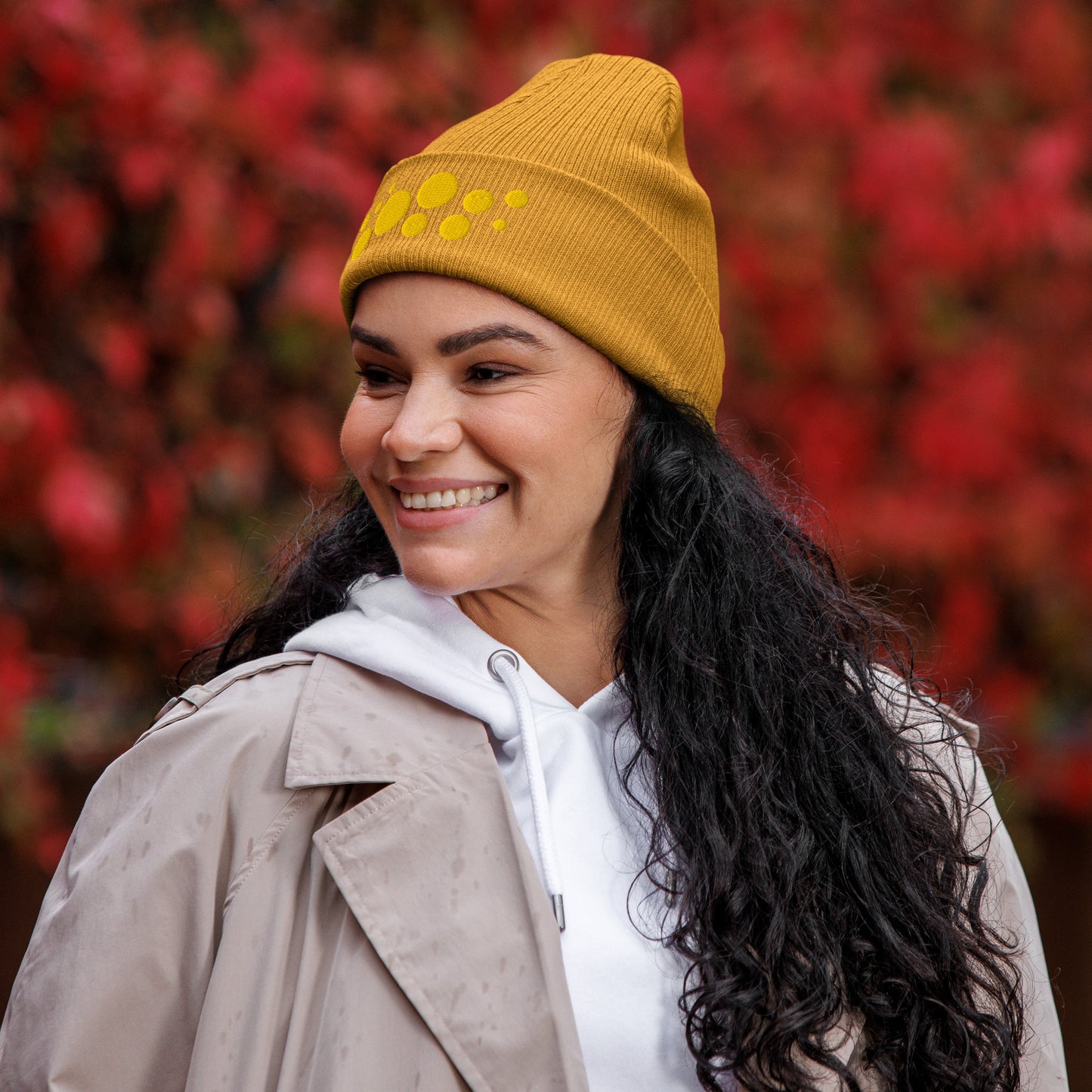 Organic Cotton Ribbed Beanie - Yellow on Orange Polka Dots