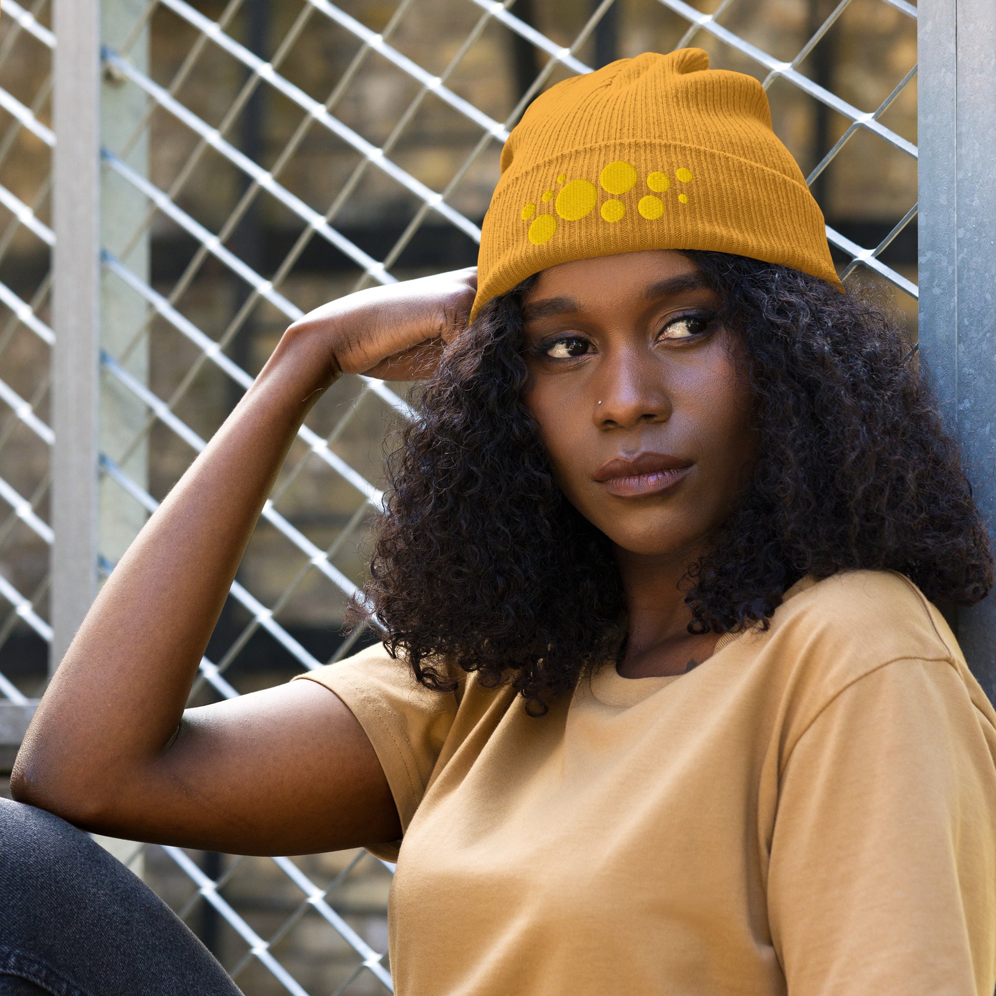 Organic Cotton Ribbed Beanie - Yellow on Orange Polka Dots