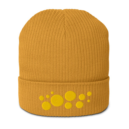 Organic Cotton Ribbed Beanie - Yellow on Orange Polka Dots