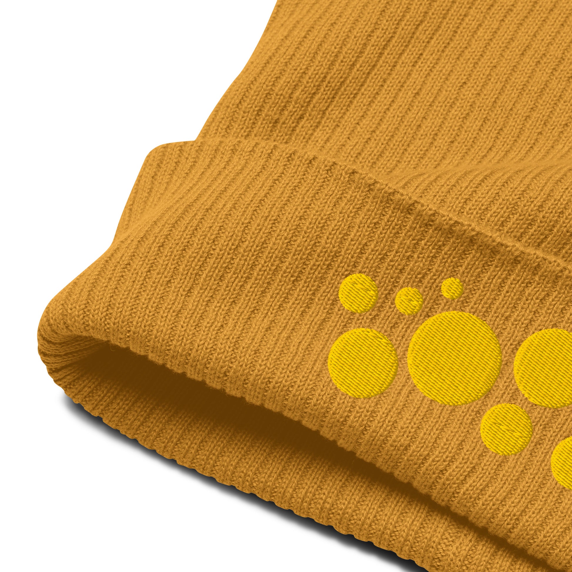 Organic Cotton Ribbed Beanie - Yellow on Orange Polka Dots