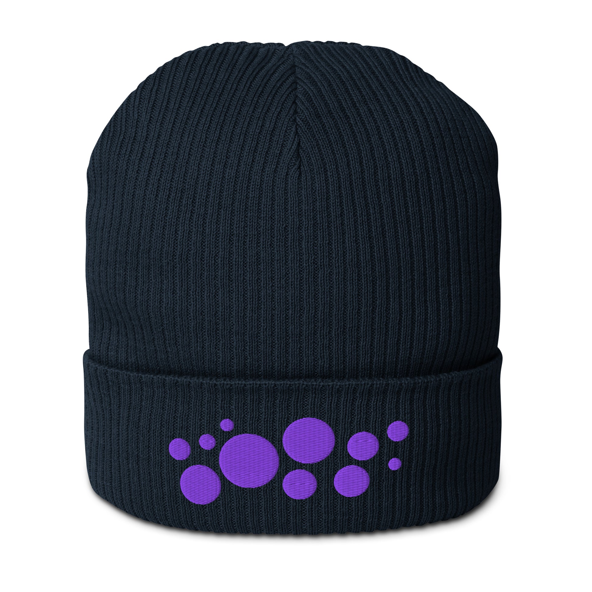 Organic Cotton Ribbed Beanie - Purple on Navy Blue Polka Dots