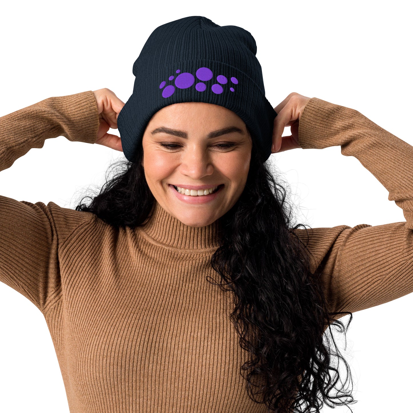 Organic Cotton Ribbed Beanie - Purple on Navy Blue Polka Dots