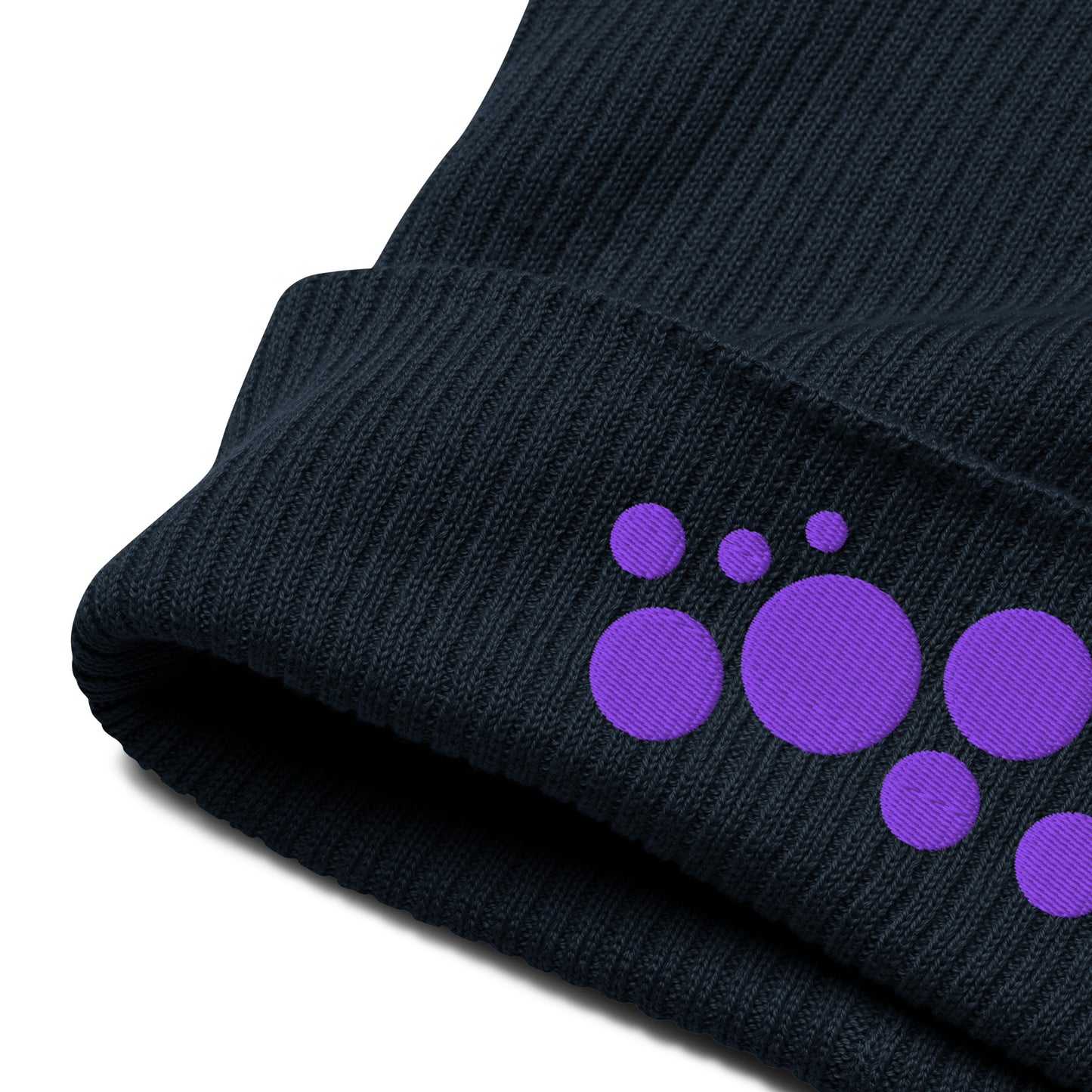 Organic Cotton Ribbed Beanie - Purple on Navy Blue Polka Dots