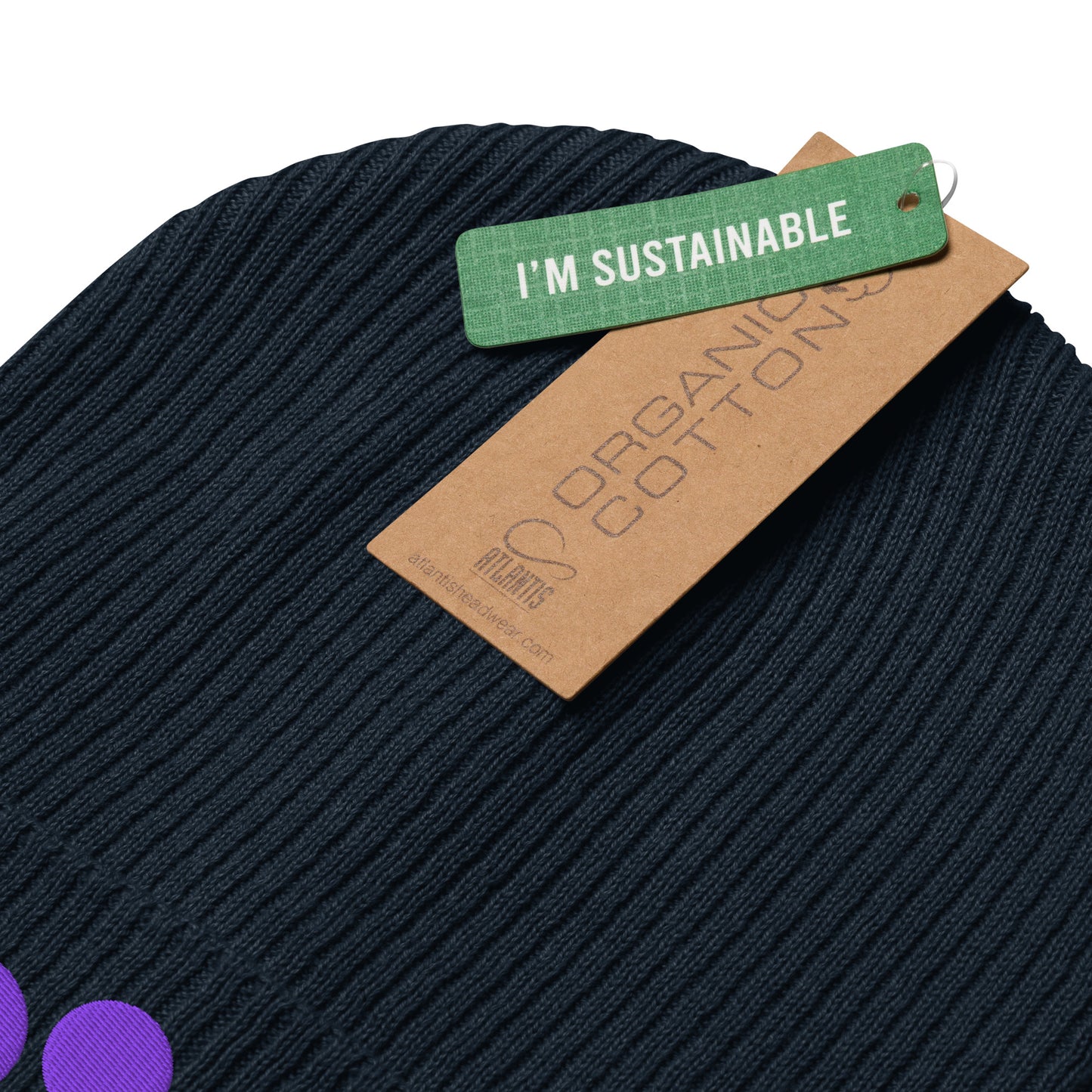 Organic Cotton Ribbed Beanie - Purple on Navy Blue Polka Dots