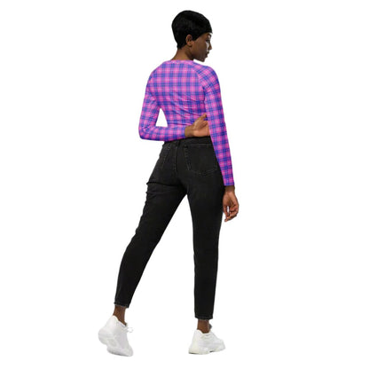 Women back with an Indigo & Pink long sleeve crop top