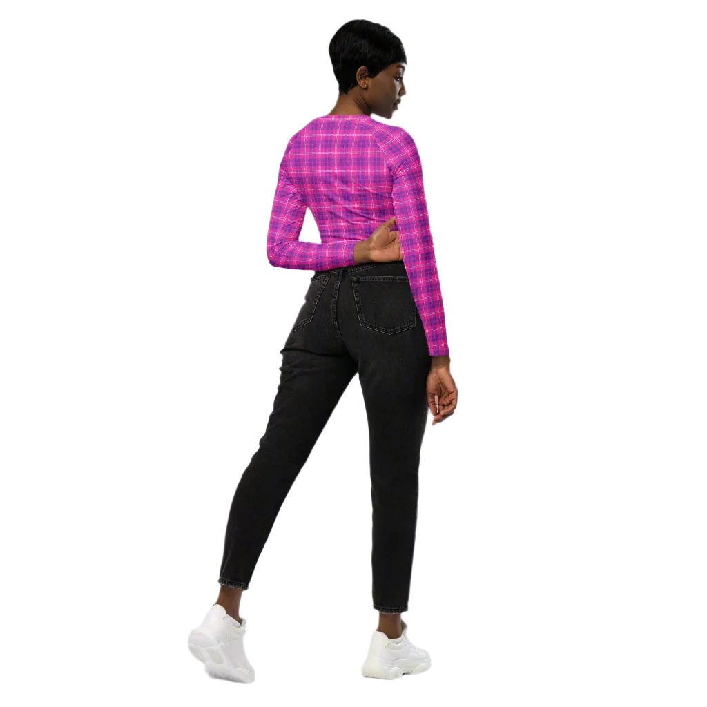 Woman back with a Purple & Indigo long sleeve crop top