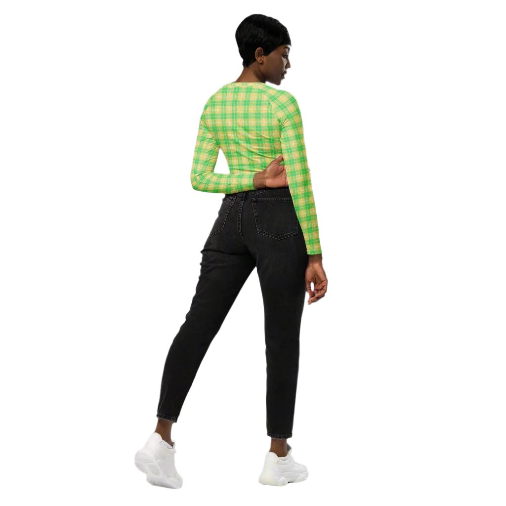 Women back with a Green & Yellow long sleeve crop top