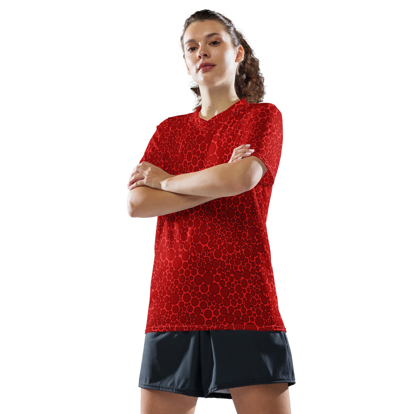 Dark Red on Bright Red Unisex Sport Jersey Polka Dots