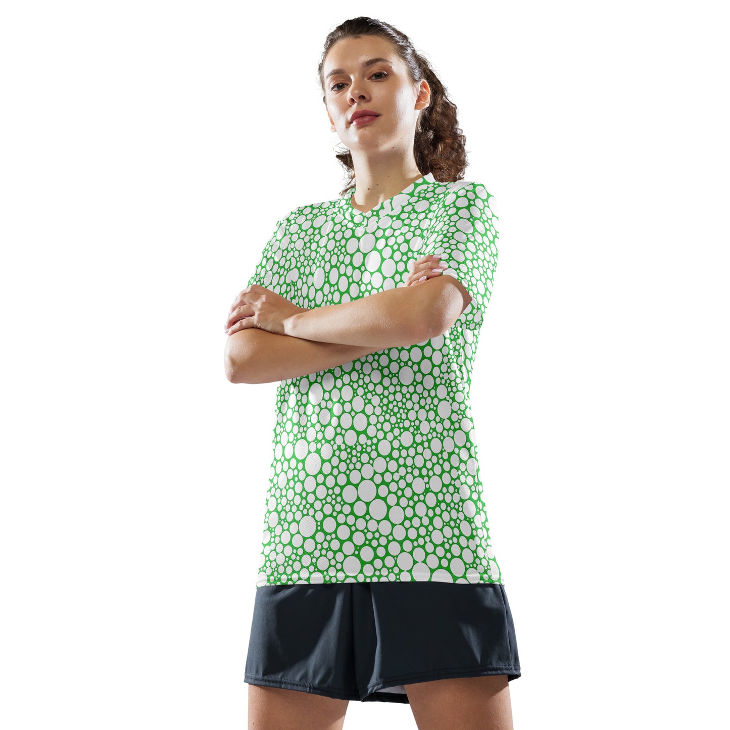 Unisex Sports Jersey - White on Forest Green Dots