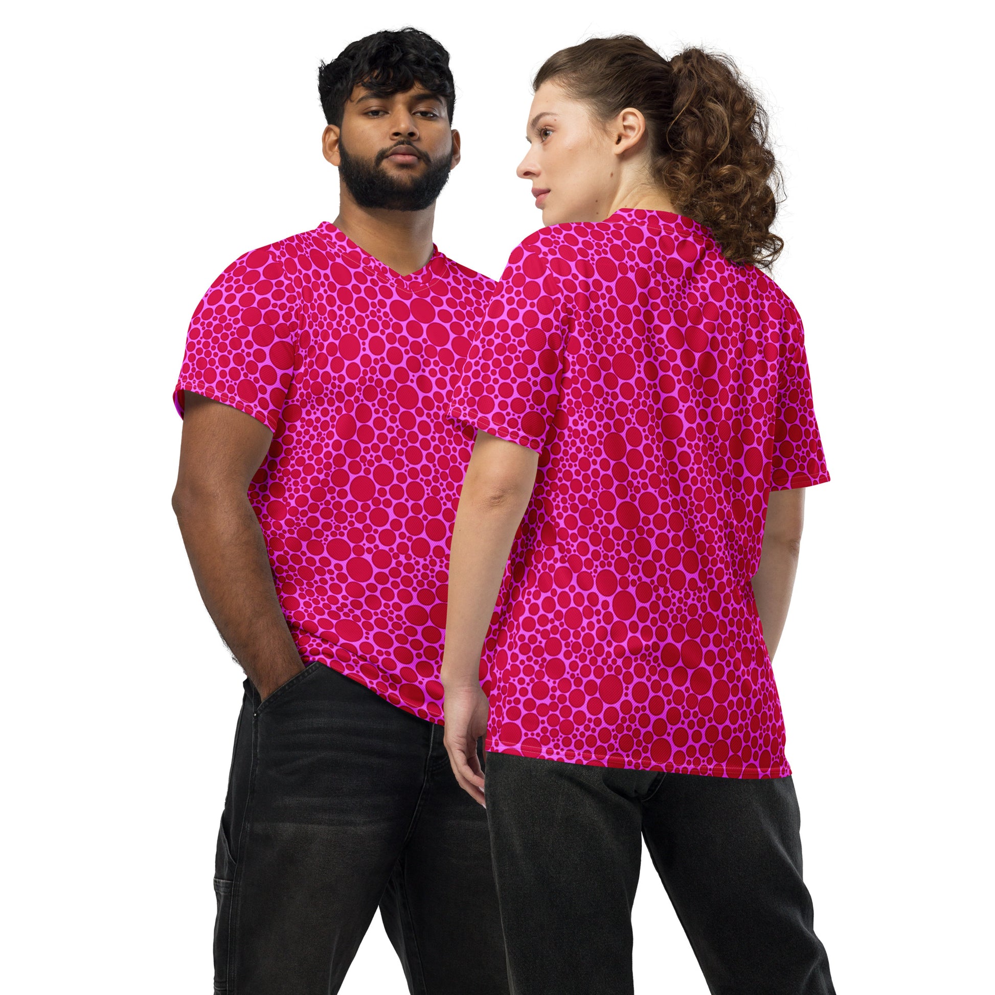 Red On Pink Unisex Sports Jersey Polka Dots