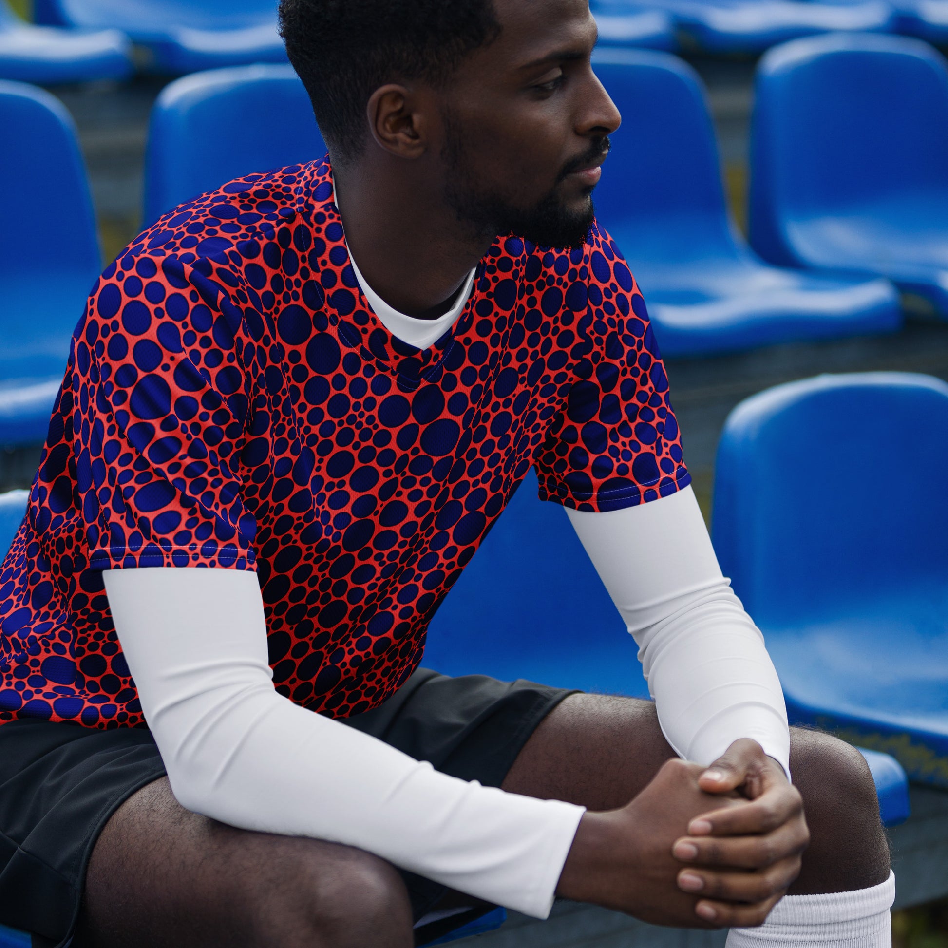 Unisex Sports Jersey - Navy Blue on Orange Dots