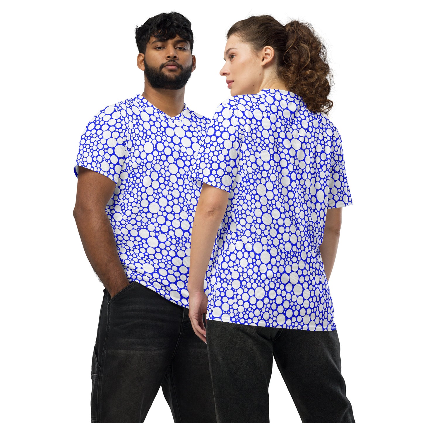 Unisex Sports Jersey - White on Midnight Blue Dots