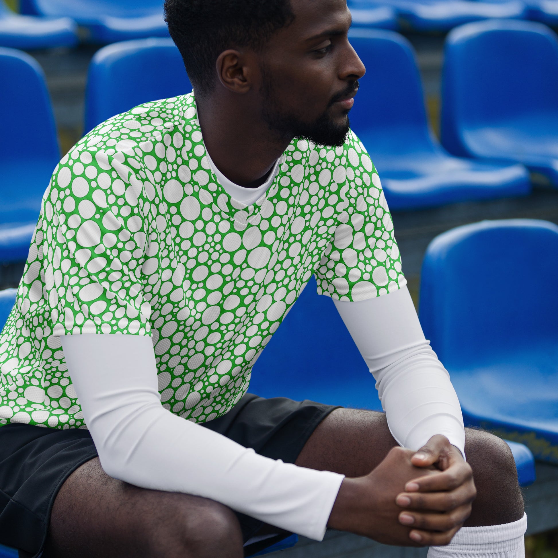 Unisex Sports Jersey - White on Forest Green Dots