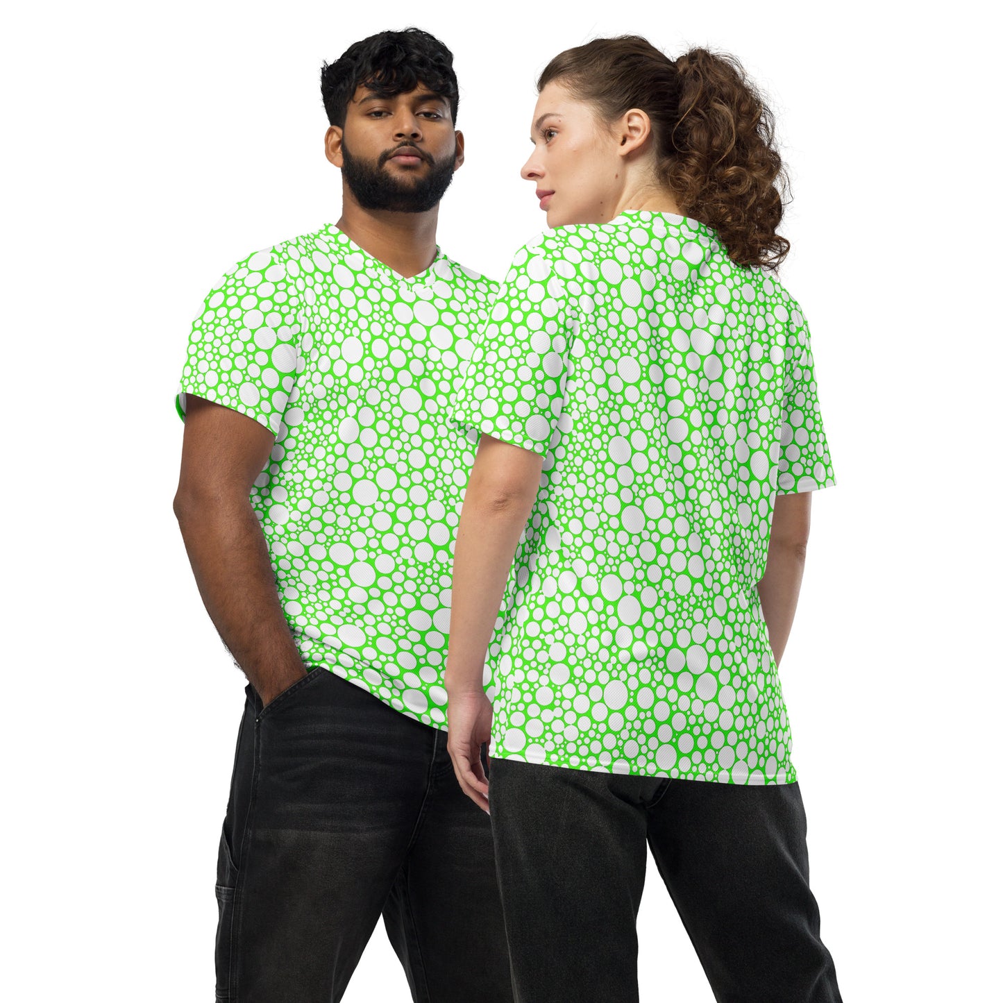 Unisex Sports Jersey - White on Neon Green Dots