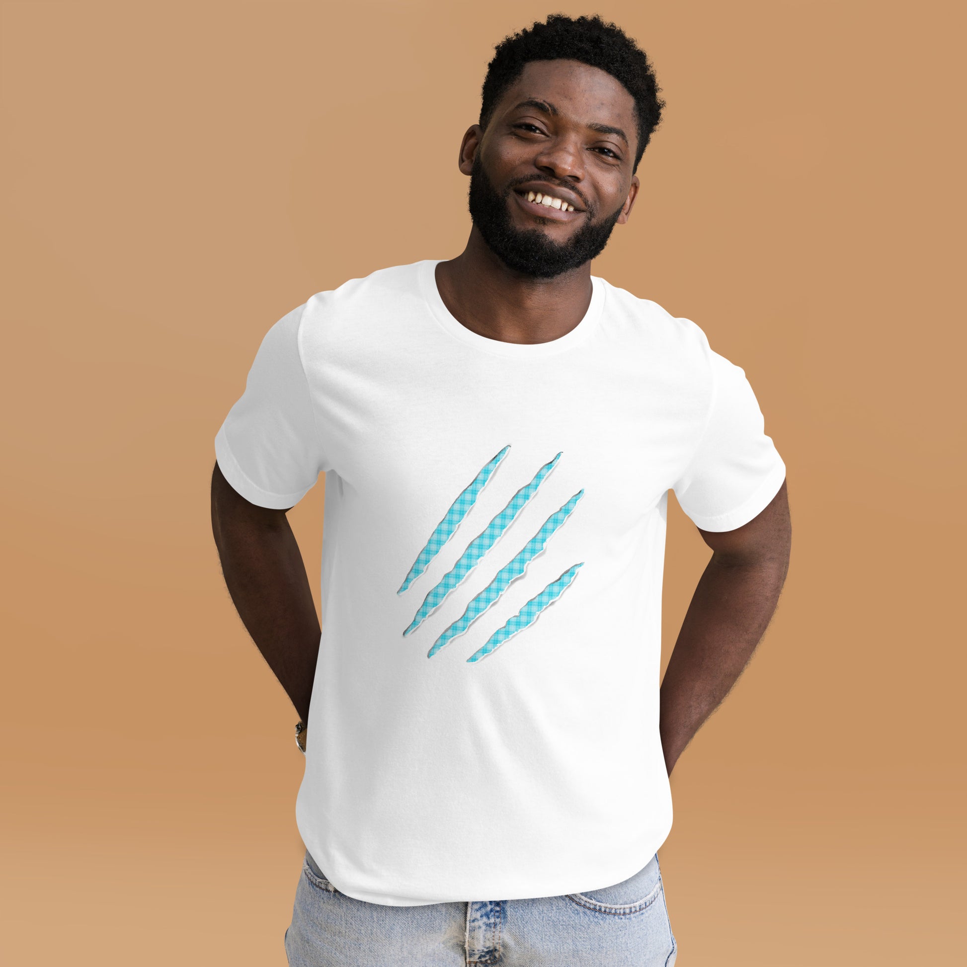 White t-shirt with Electric Blue claw marks