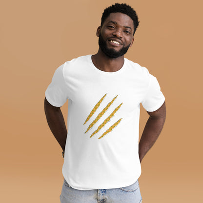 White t-shirt with Orange & Green claw marks